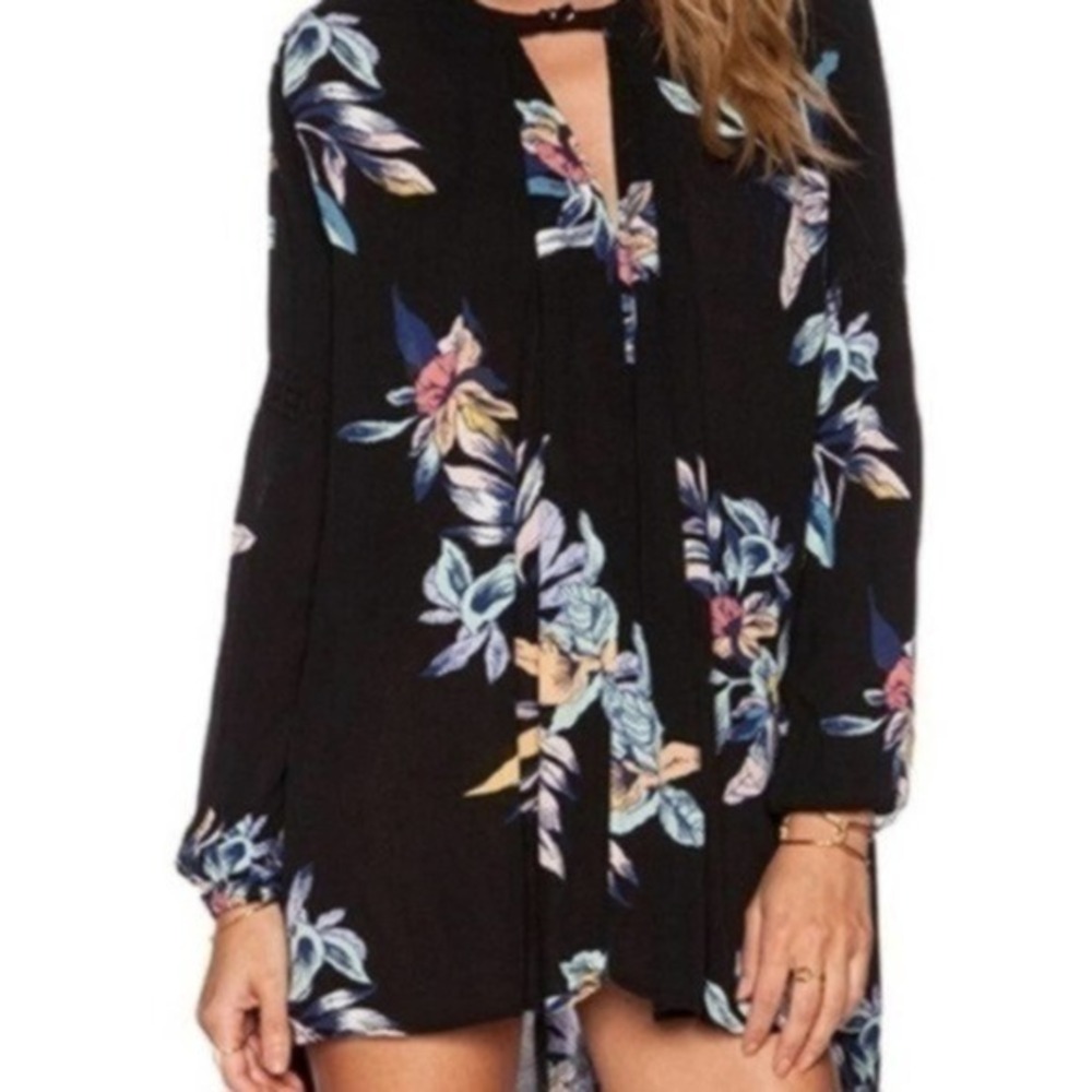 Free People Black Floral Print Long Sleeve Tunic